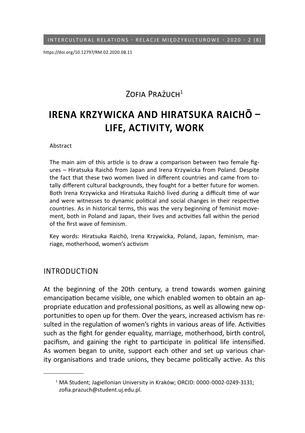 Irena Krzywicka and Hiratsuka Raichō – Life, Activity, Work