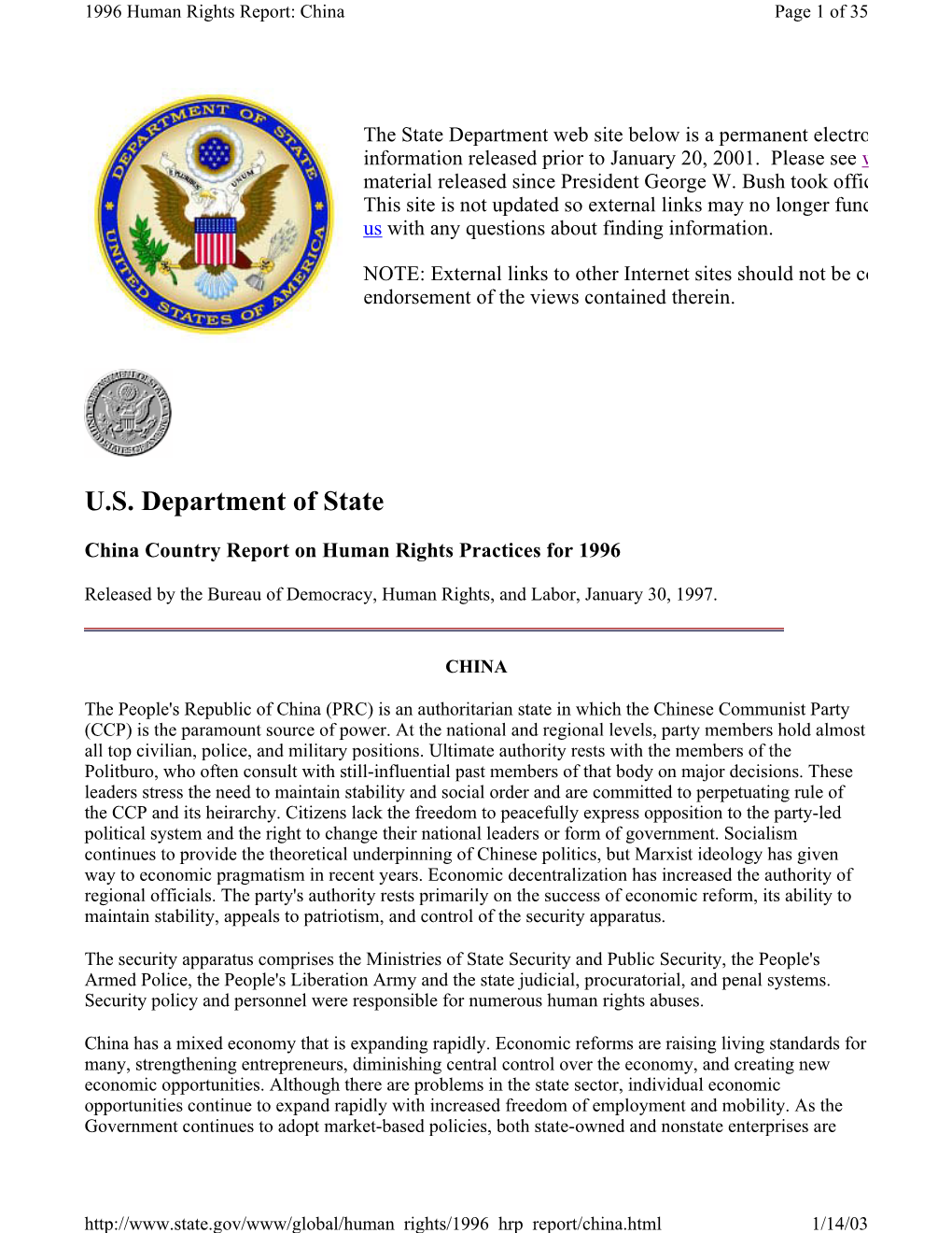 U.S. Department of State China Country Report on Human Rights