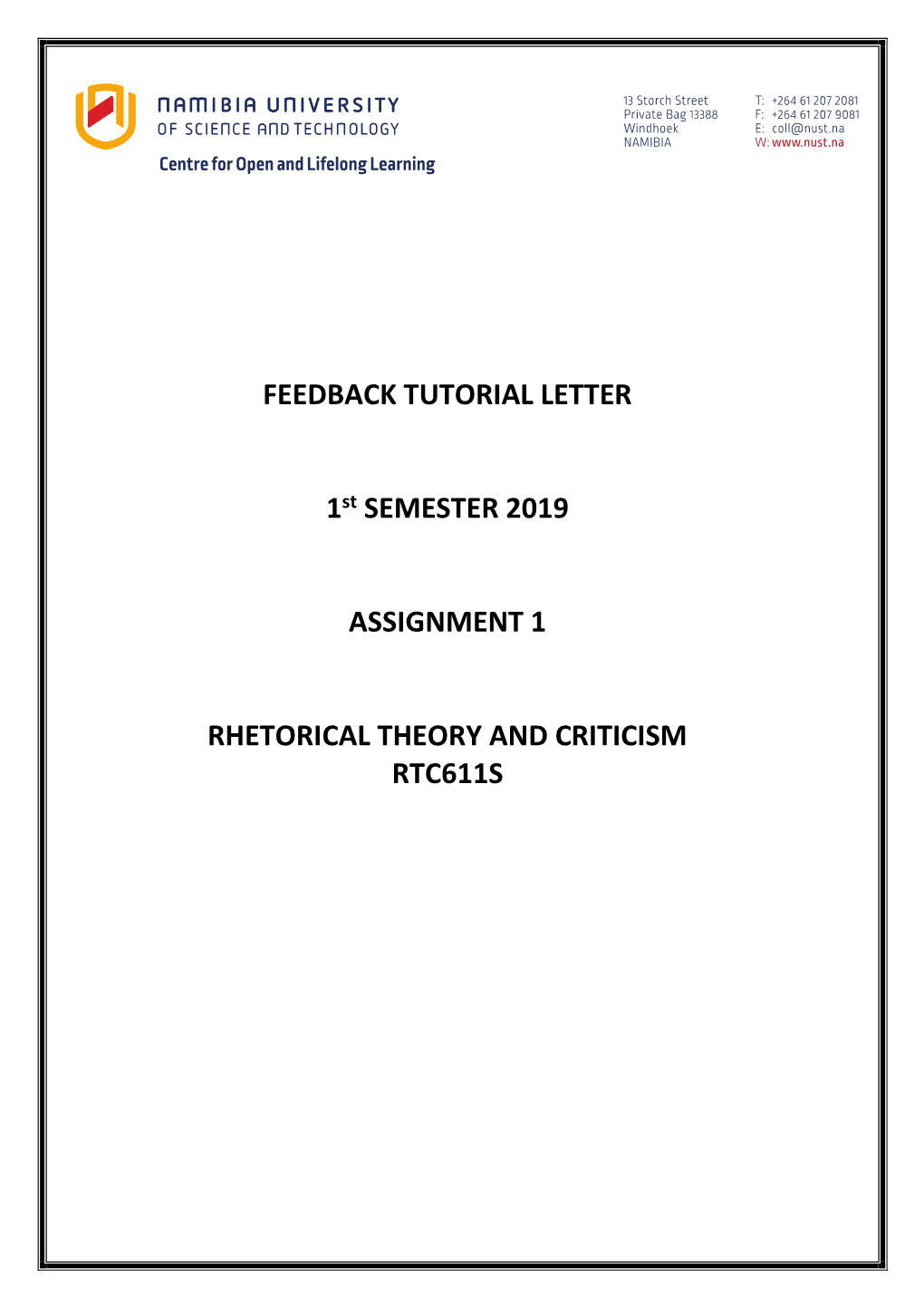 FEEDBACK TUTORIAL LETTER 1St SEMESTER 2019 ASSIGNMENT 1