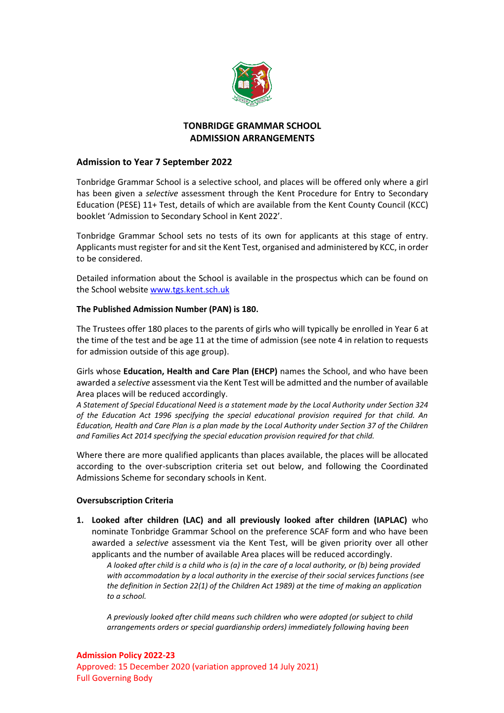 Tonbridge Grammar School Admission Arrangements
