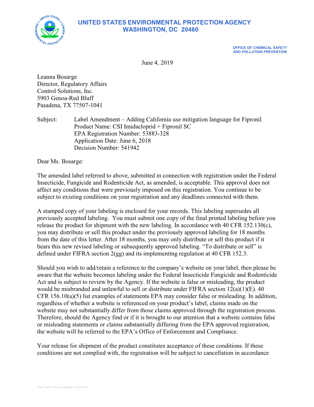 US EPA, Pesticide Product Label, CSI Imidacloprid + Fipronil SC,06/04/2019