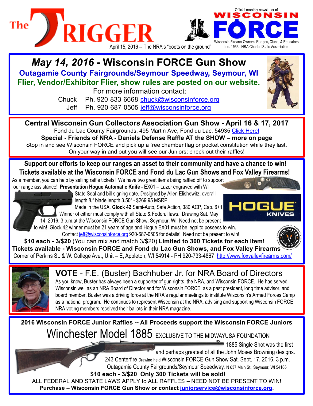 May 14, 2016 - Wisconsin FORCE Gun Show Outagamie County Fairgrounds/Seymour Speedway, Seymour, WI Flier, Vendor/Exhibitor Flier, Show Rules Are Posted on Our Website