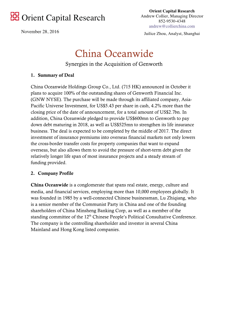 China Oceanwide Synergies in the Acquisition of Genworth