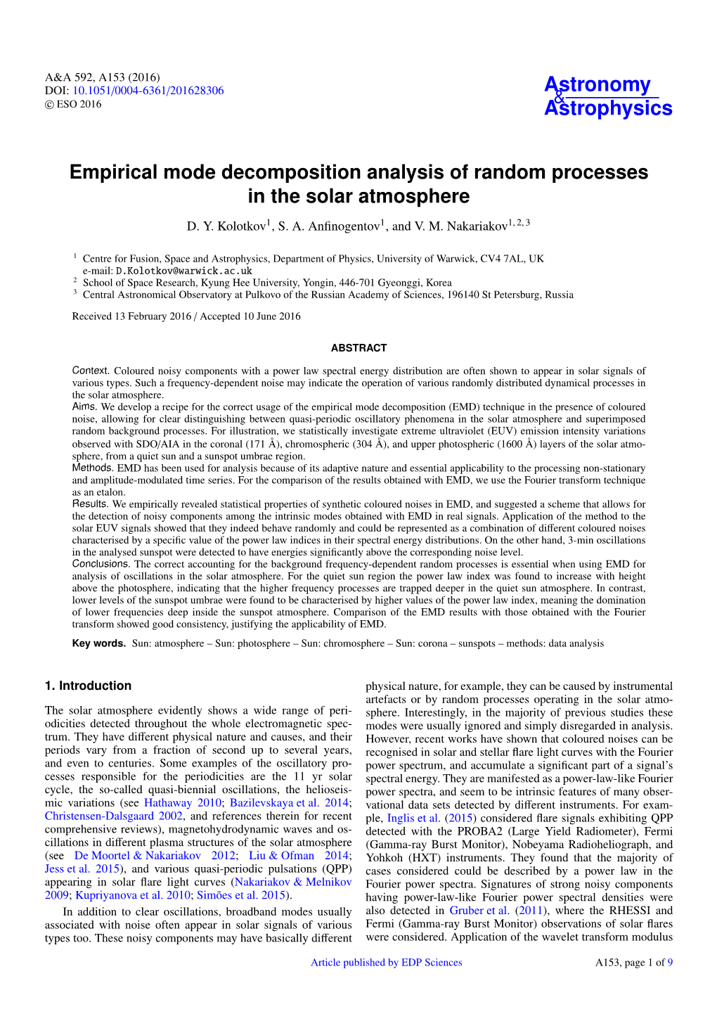 Empirical Mode Decomposition Analysis of Random Processes in the Solar Atmosphere D