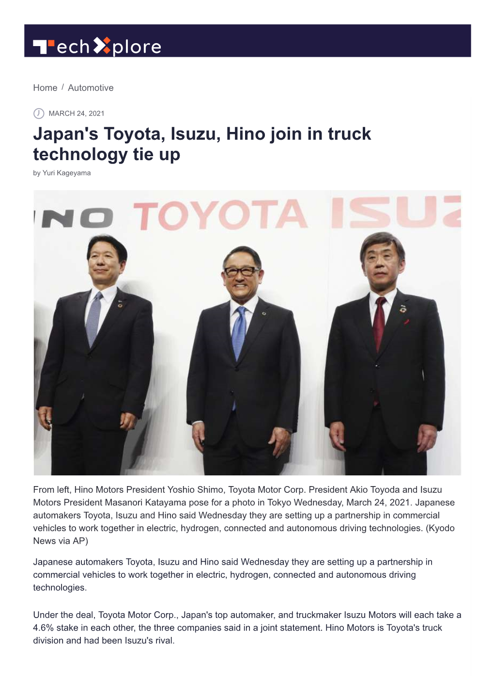 Japan's Toyota, Isuzu, Hino Join in Truck Technology Tie up by Yuri Kageyama