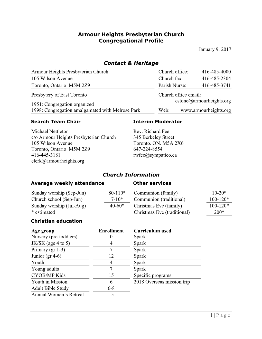 Congregational Profile 09 Jan 2017