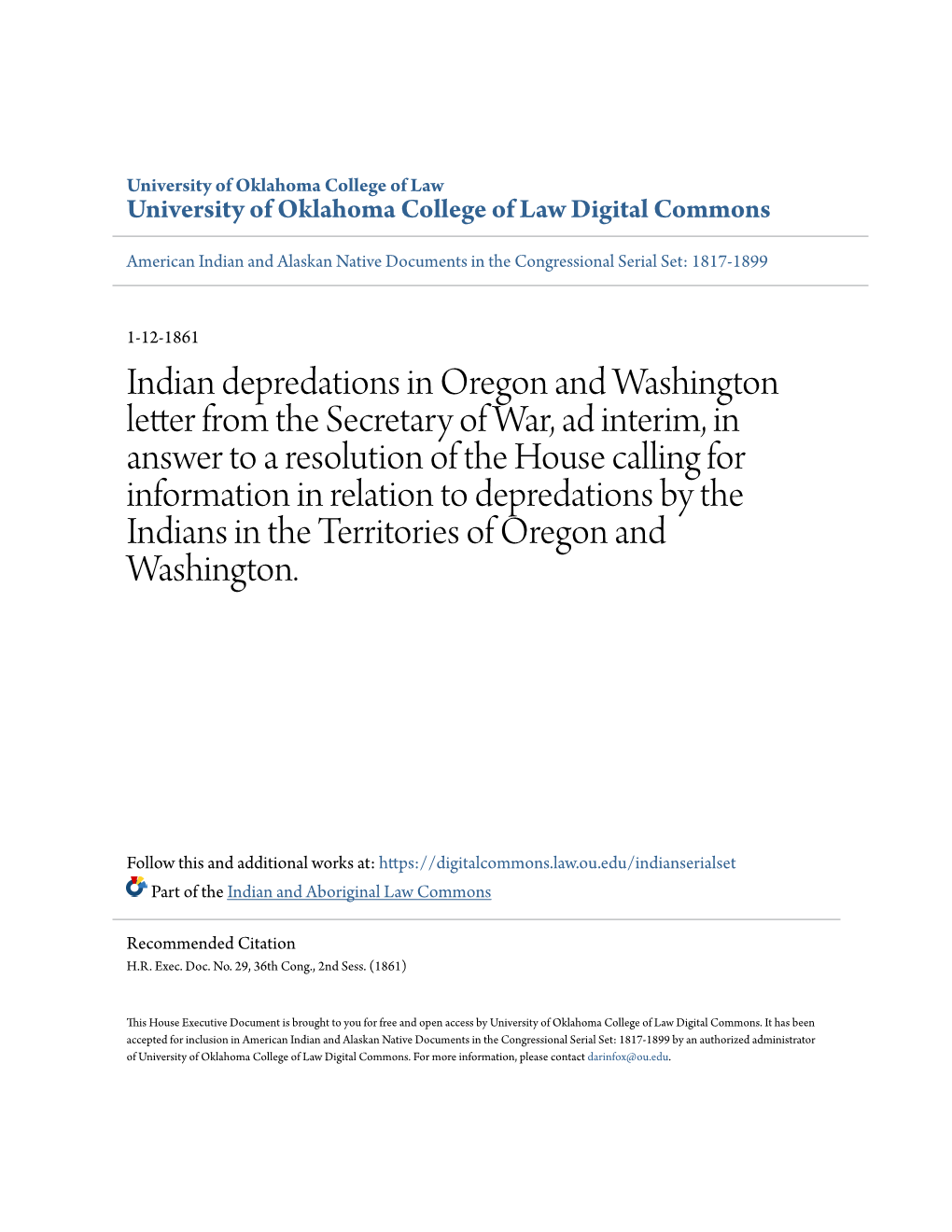 Indian Depredations in Oregon and Washington Letter from The