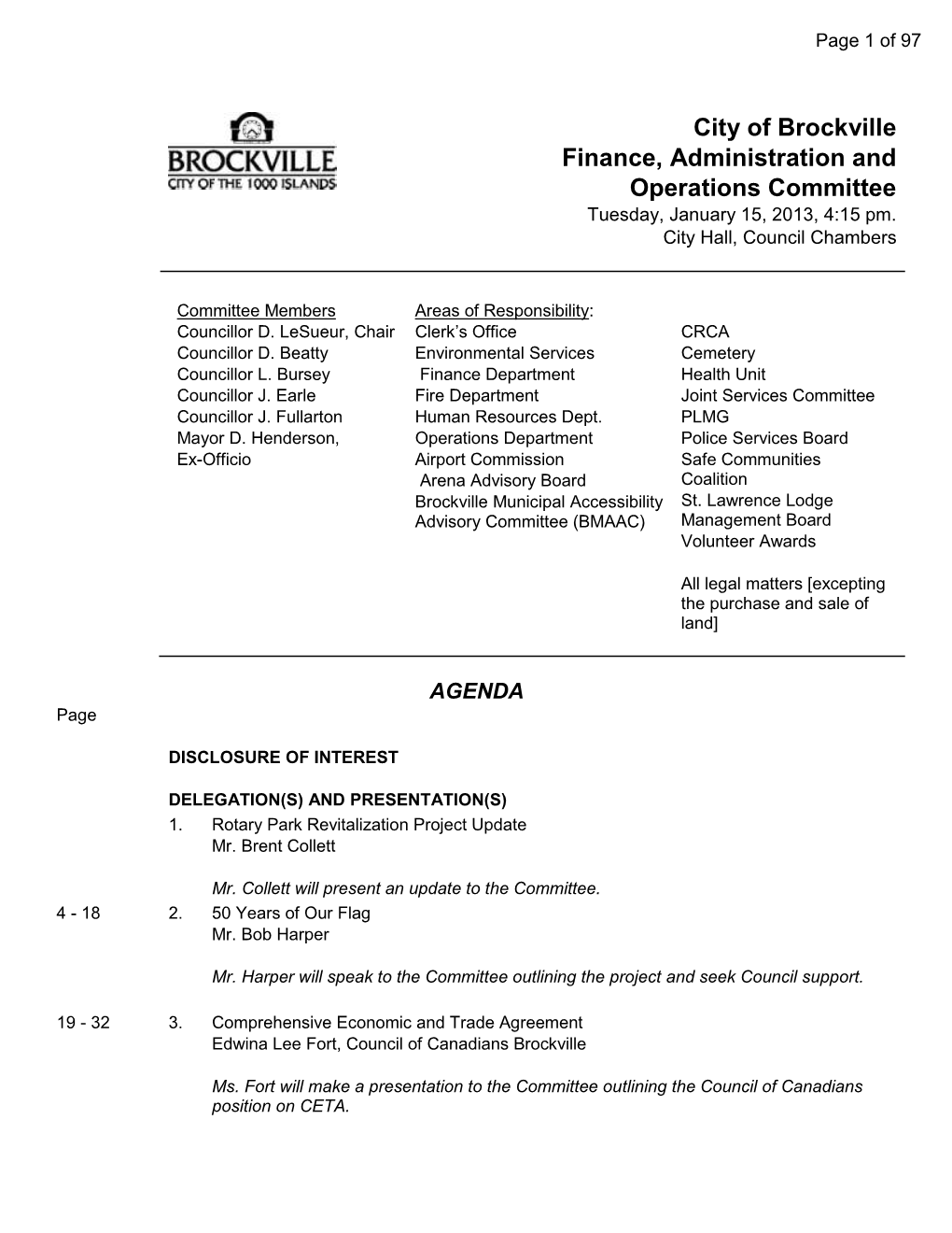 City of Brockville Finance, Administration and Operations Committee Tuesday, January 15, 2013, 4:15 Pm