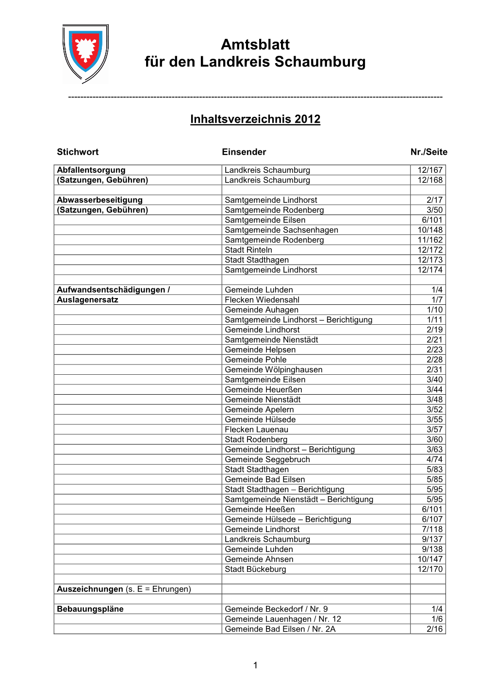 Inhaltsverzeichnis Amtsblatt 2012