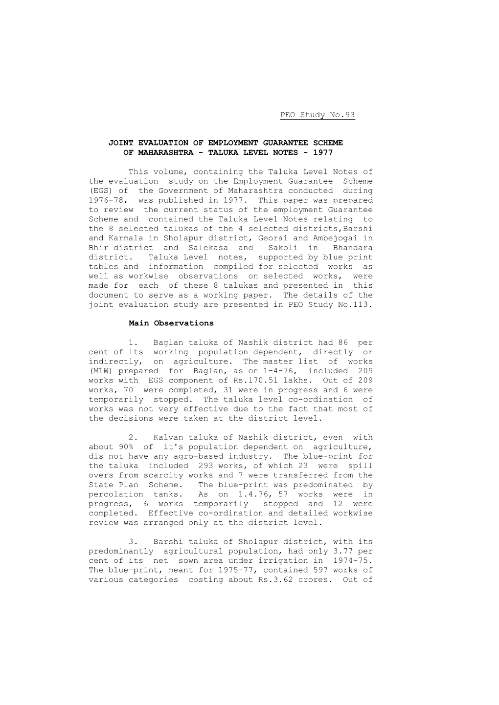 Joint Evaluation of Employment Guarantee Scheme of Maharashtra - Taluka Level Notes - 1977