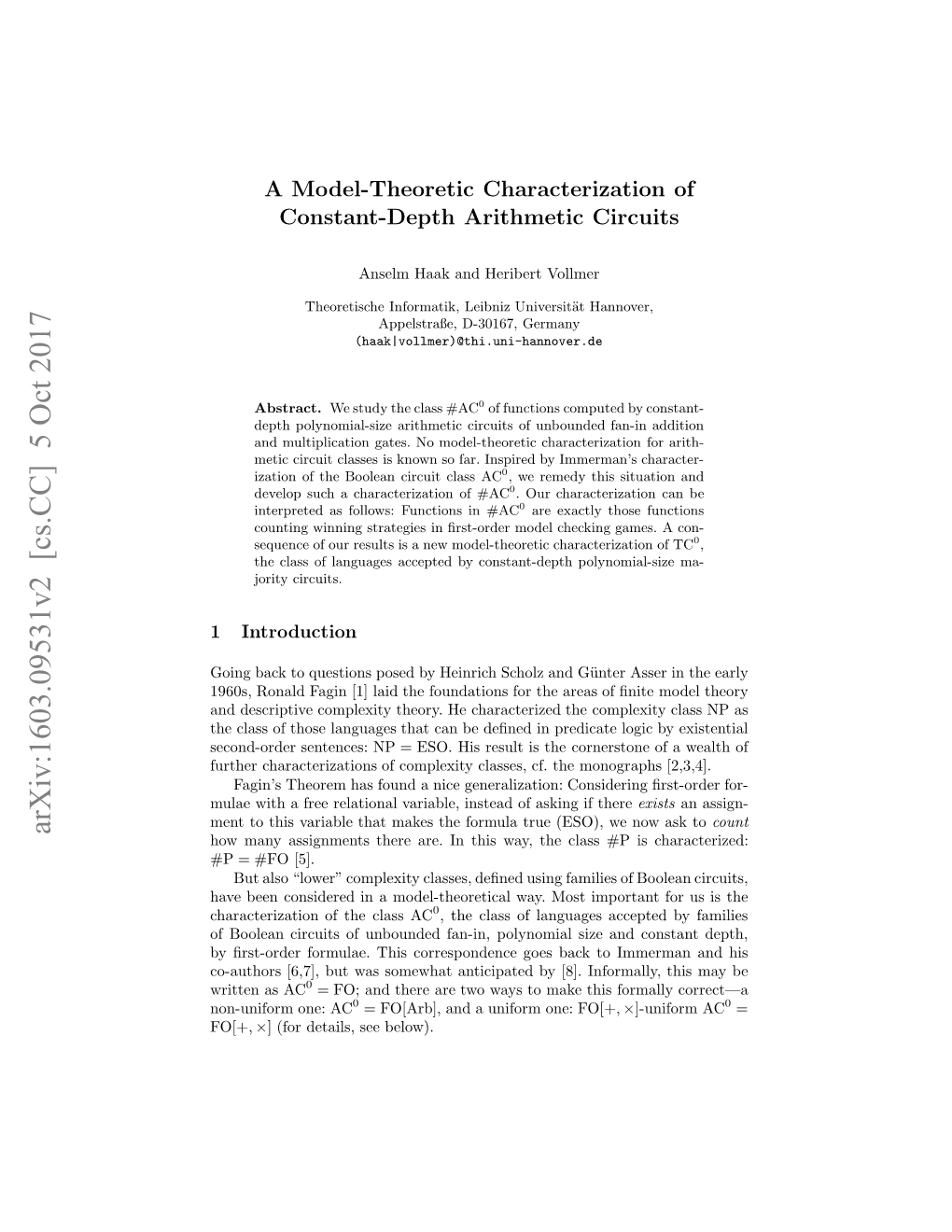 A Model-Theoretic Characterization of Constant-Depth Arithmetic Circuits