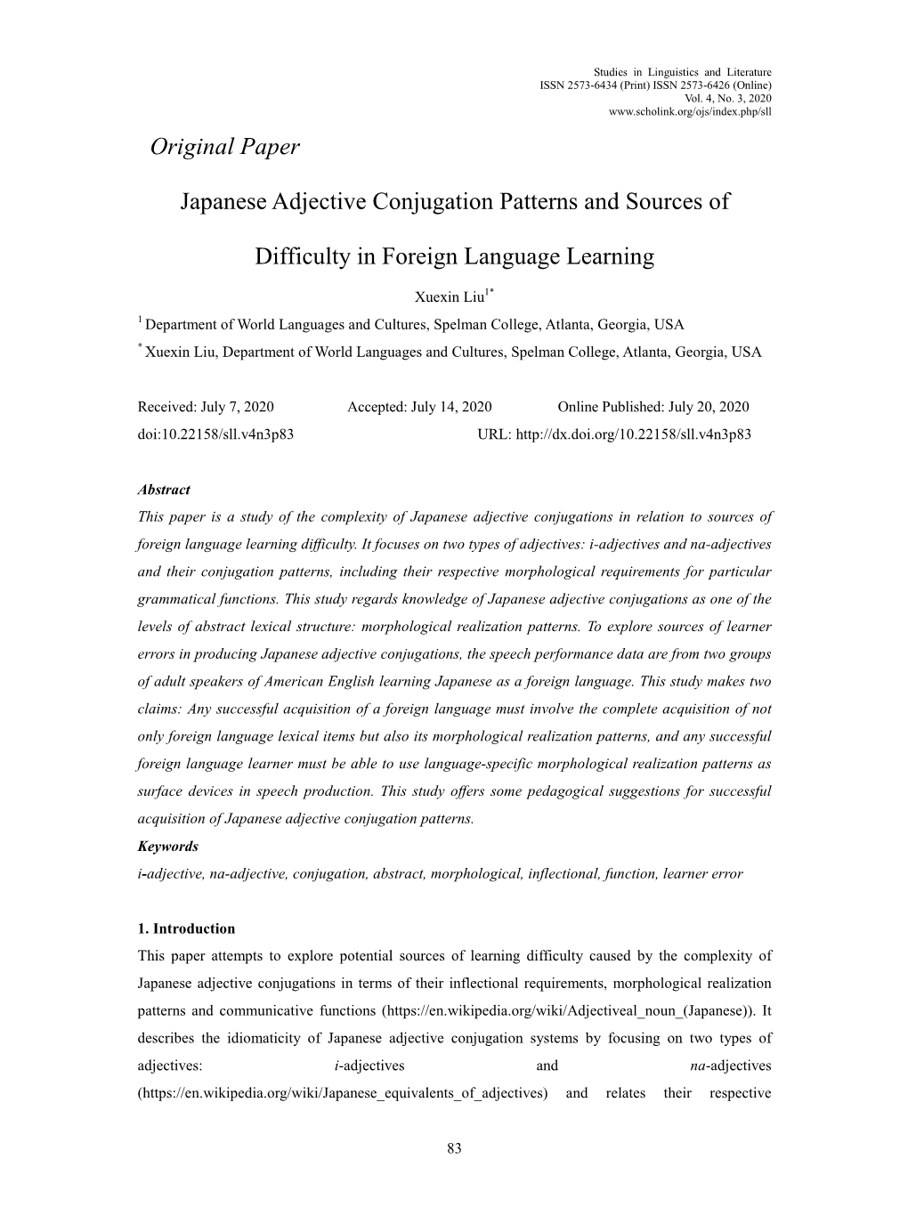 Original Paper Japanese Adjective Conjugation Patterns and Sources of Difficulty in Foreign Language Learning
