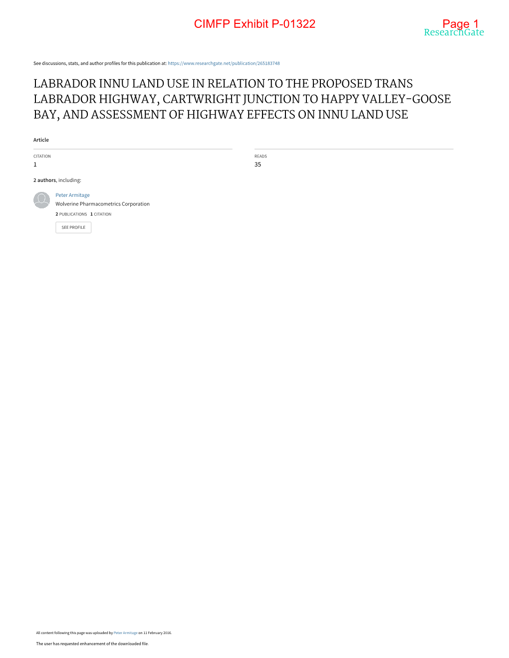 Labrador Innu Land Use in Relation to the Proposed Trans Labrador Highway, Cartwright Junction to Happy Valley-Goose Bay