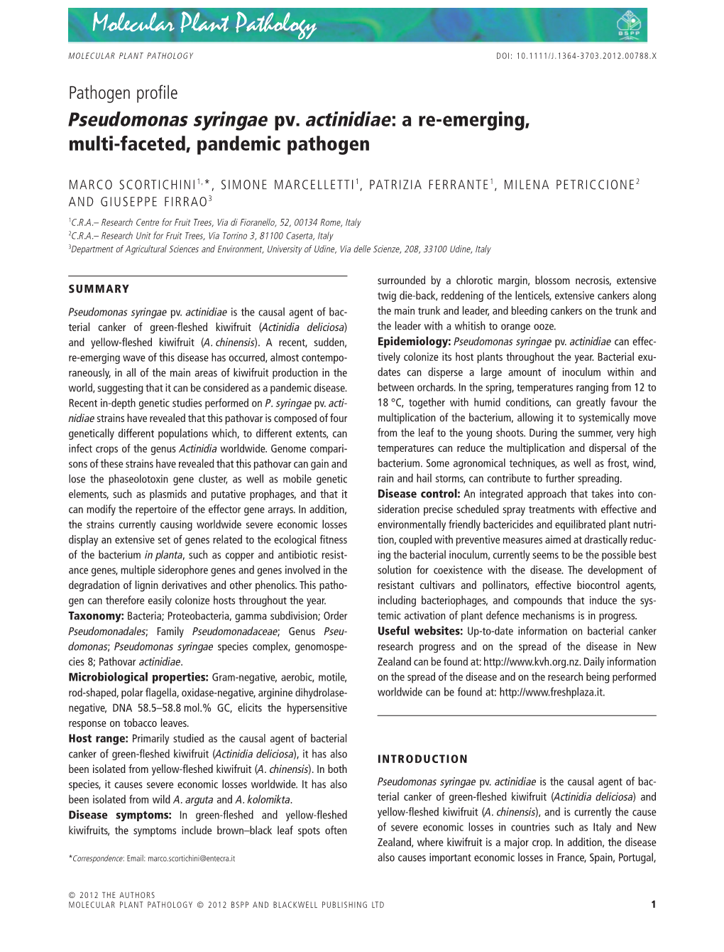 Pseudomonas Syringae Pv. Actinidiae: a Re-Emerging, Multi-Faceted, Pandemic Pathogen