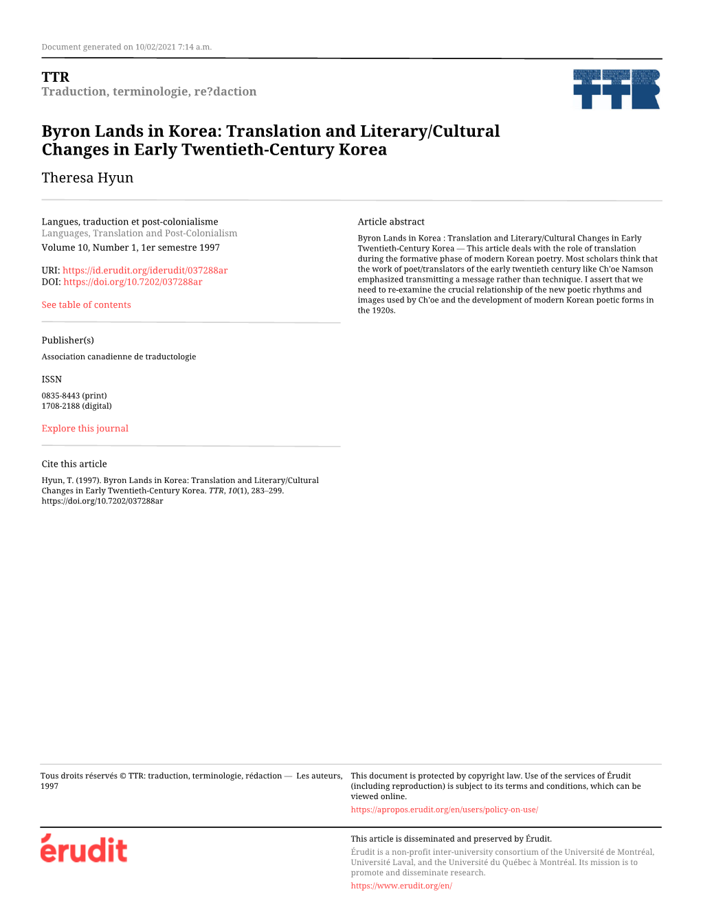 Byron Lands in Korea: Translation and Literary/Cultural Changes in Early Twentieth‑Century Korea Theresa Hyun