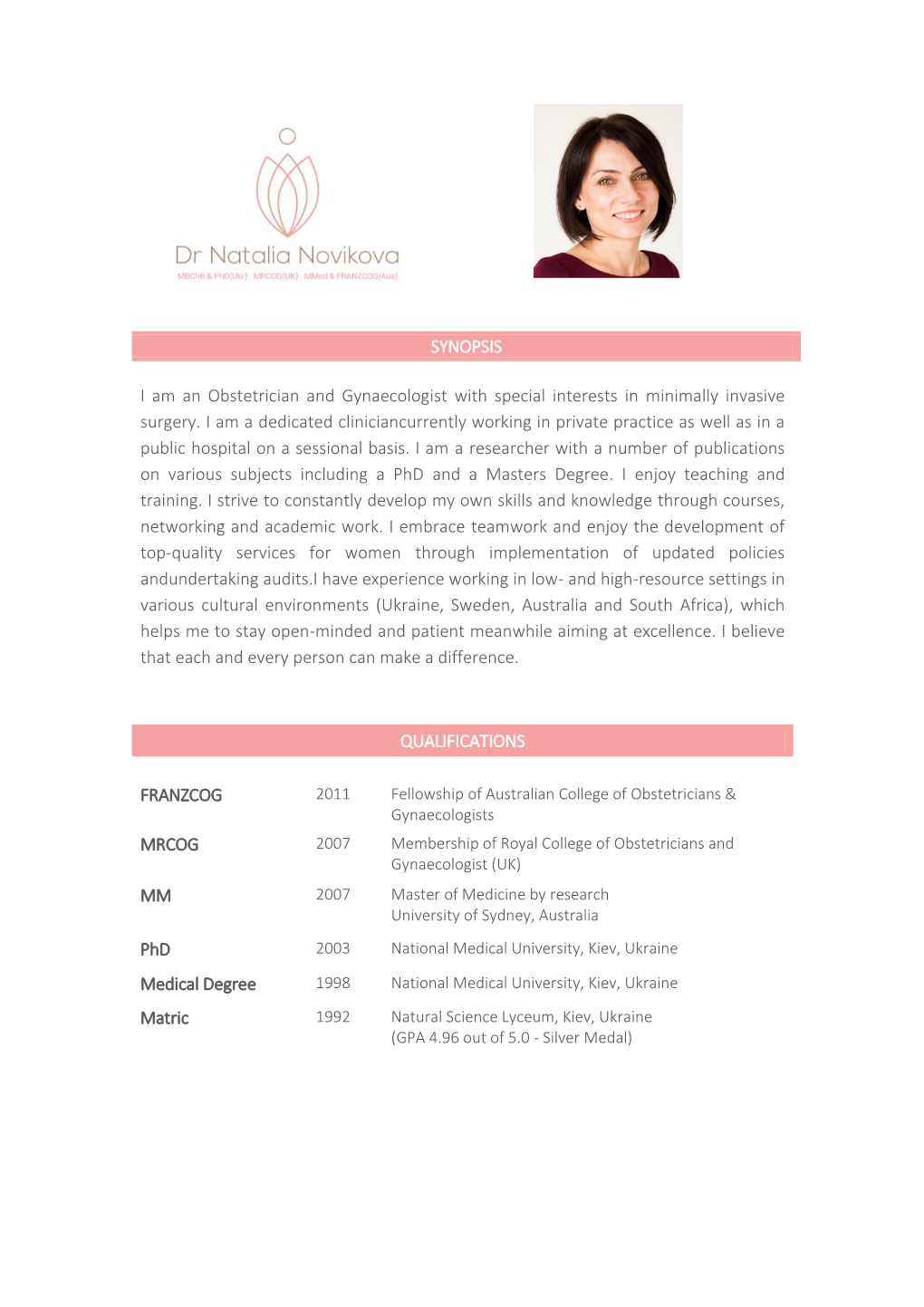 SYNOPSIS I Am an Obstetrician and Gynaecologist with Special Interests