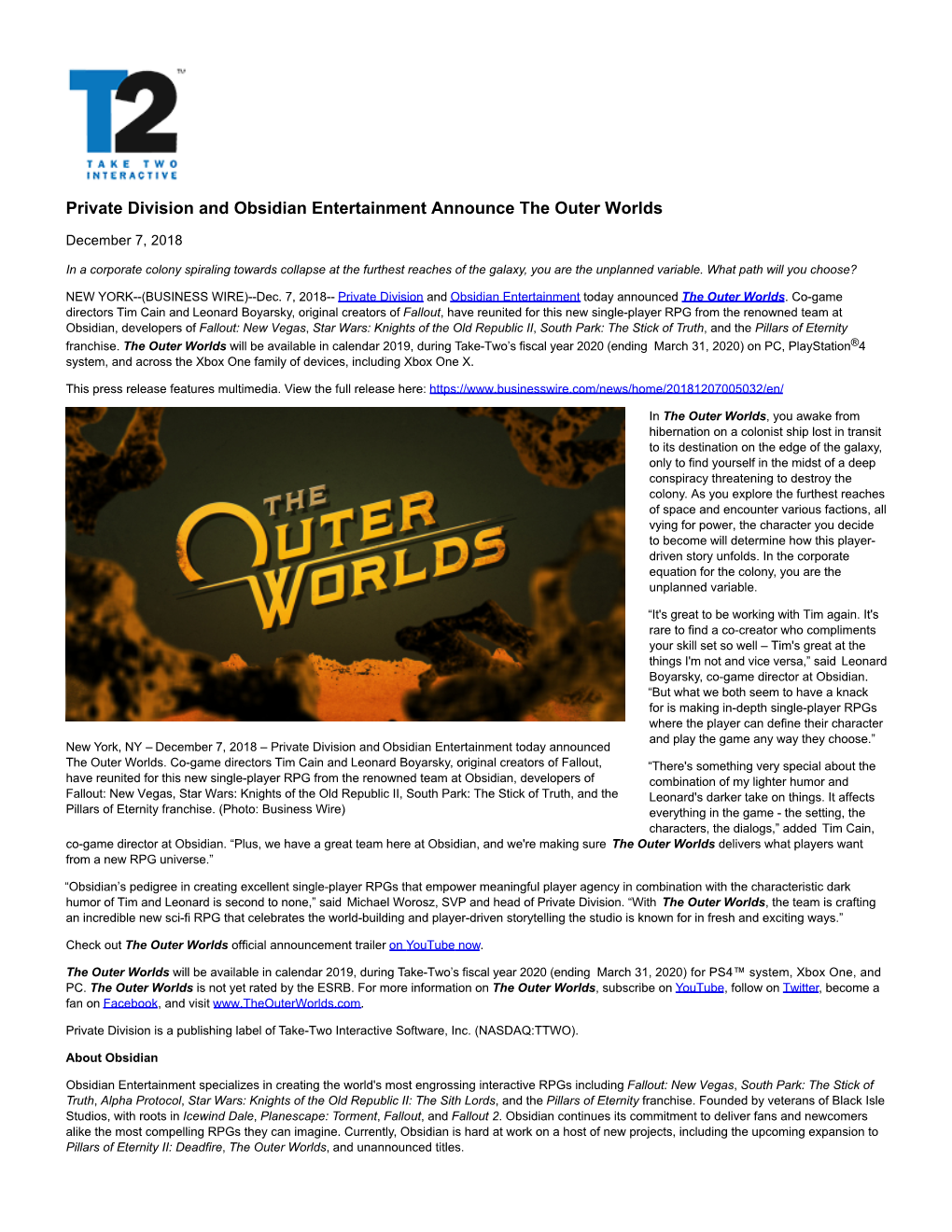 Private Division and Obsidian Entertainment Announce the Outer Worlds