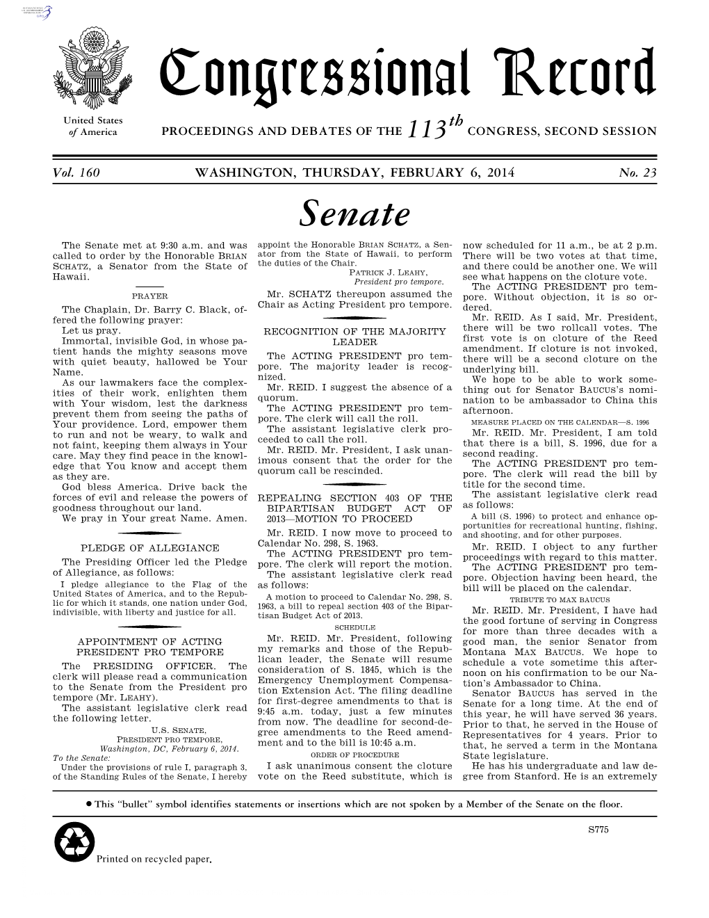 Congressional Record United States Th of America PROCEEDINGS and DEBATES of the 113 CONGRESS, SECOND SESSION