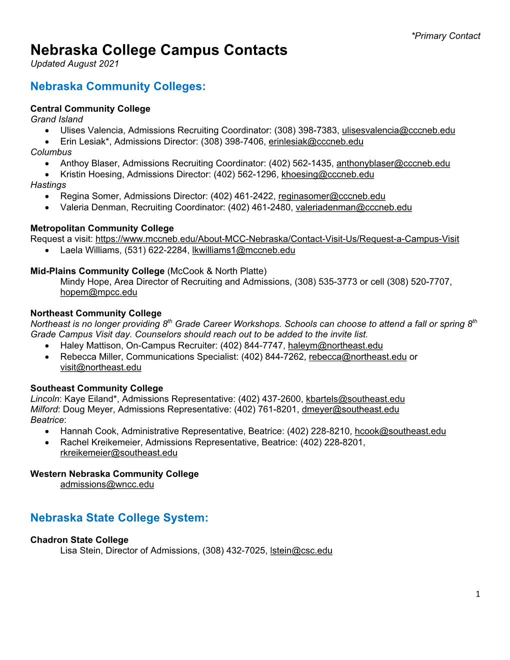 Nebraska College Campus Contacts Updated August 2021