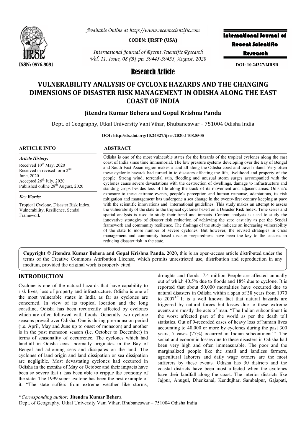 Research Article VULNERABILITY ANALYSIS of CYCLONE