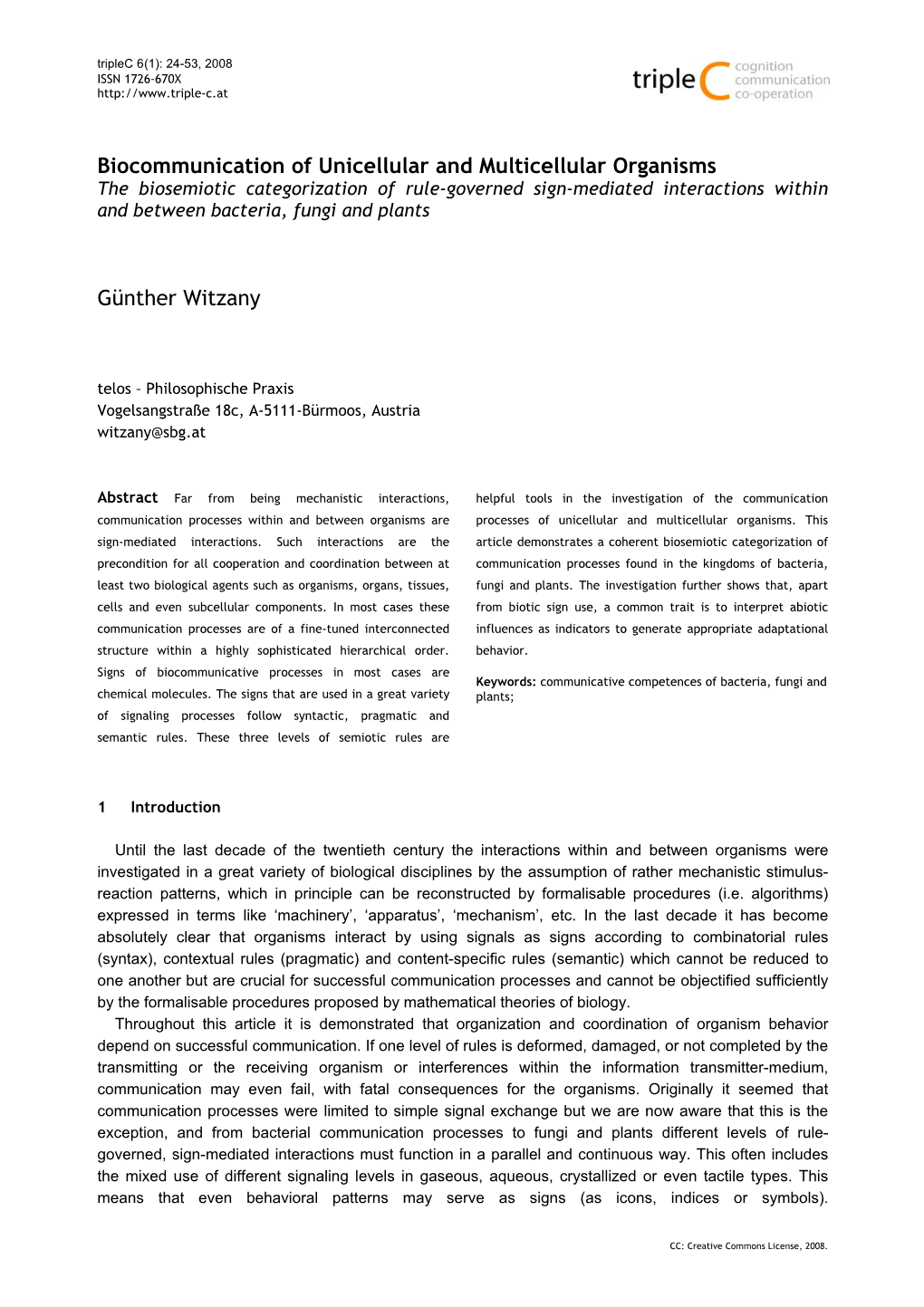 Biocommunication of Unicellular and Multicellular Organisms Günther