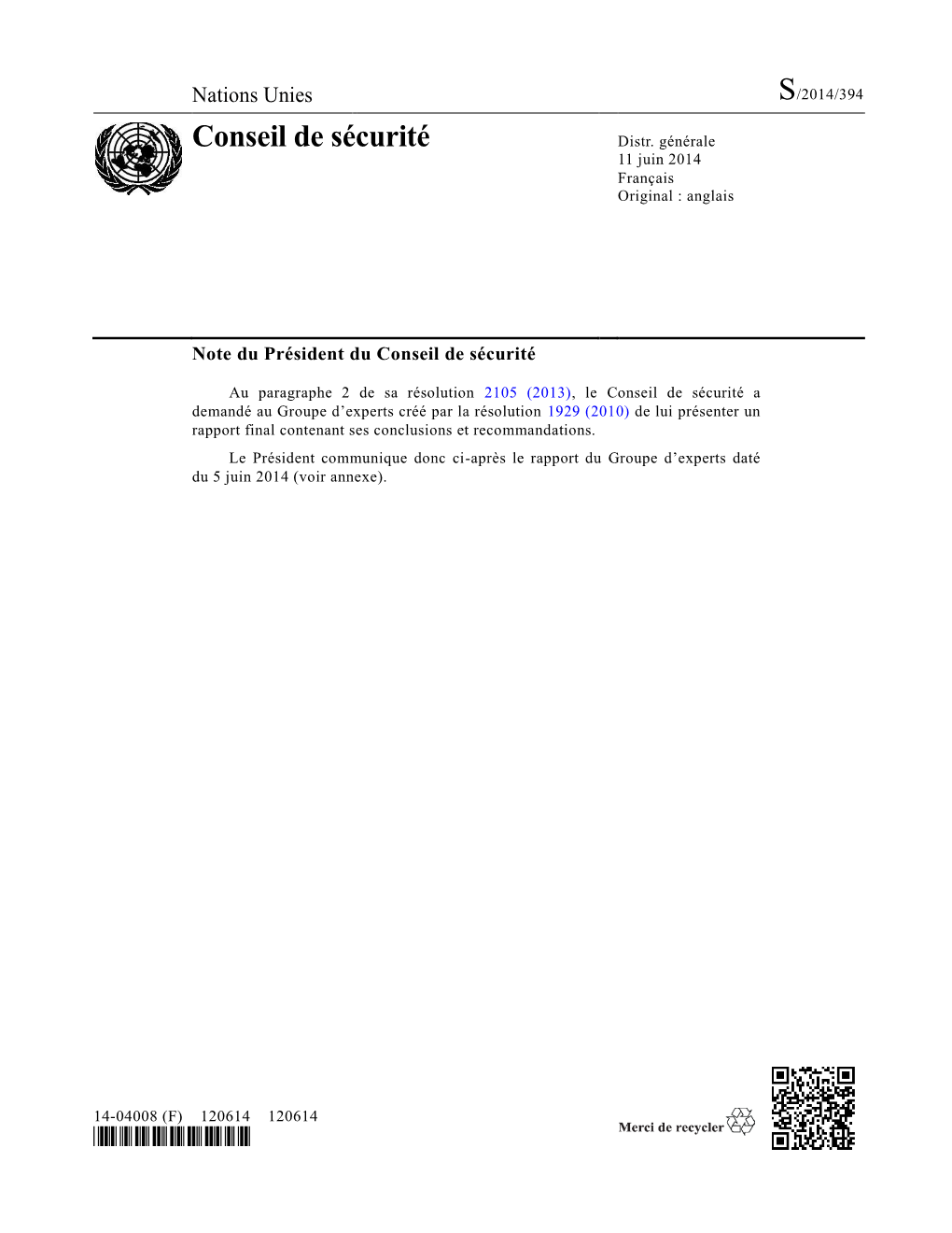 S/2014/394 Conseil De Sécurité