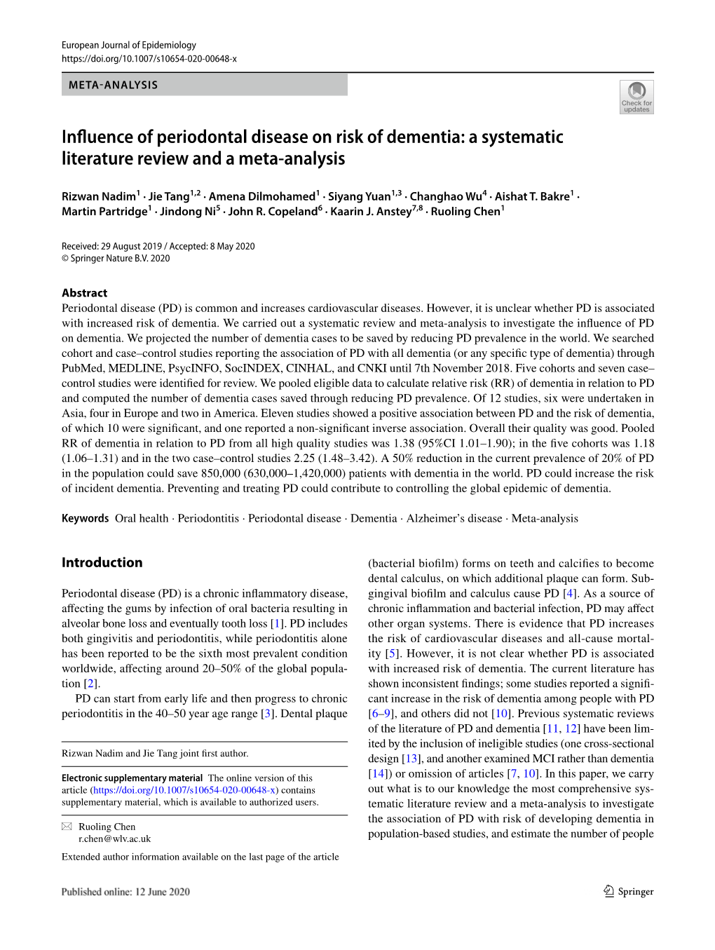 Influence of Periodontal Disease on Risk of Dementia