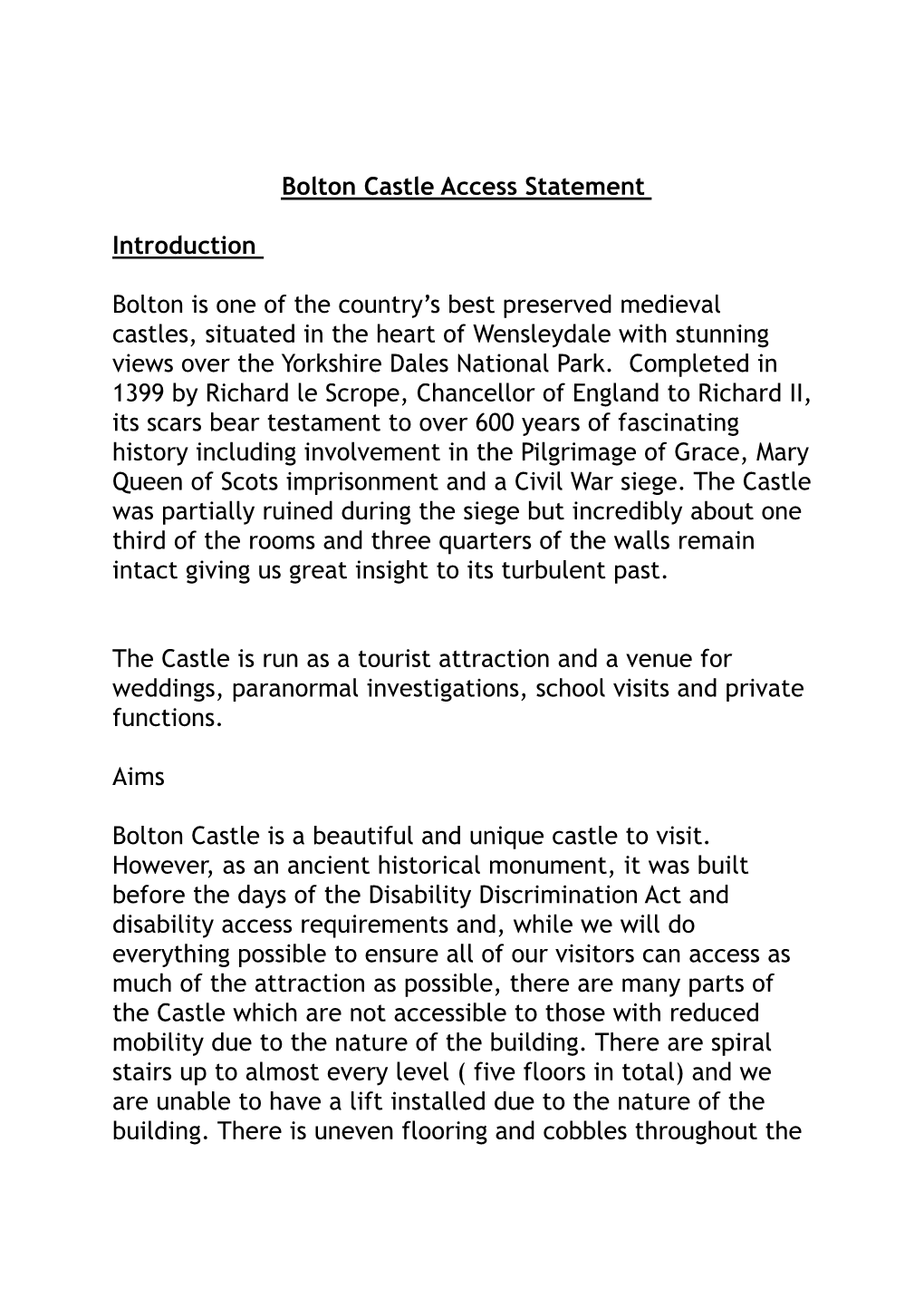 Bolton Castle Access Statement