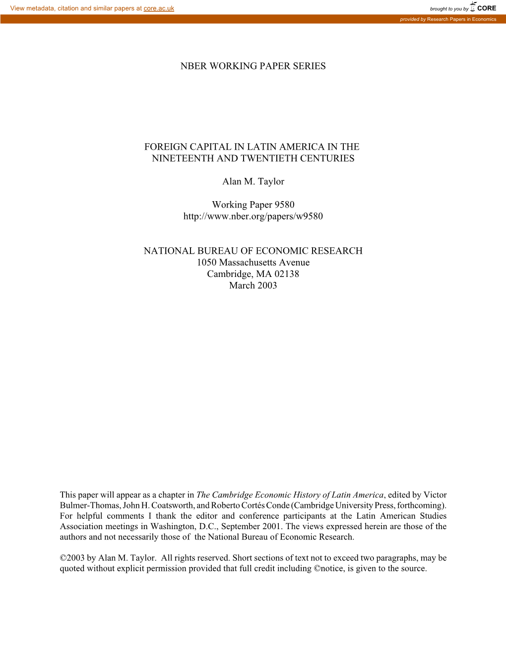 Nber Working Paper Series Foreign Capital in Latin