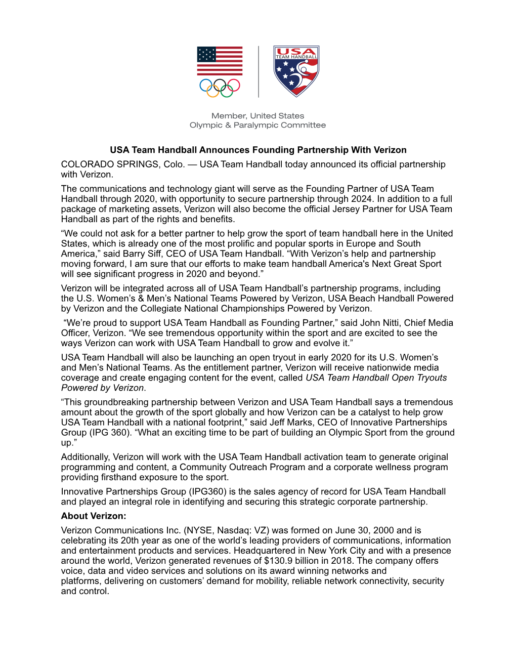 USA Team Handball Announces Founding Partnership with Verizon COLORADO SPRINGS, Colo