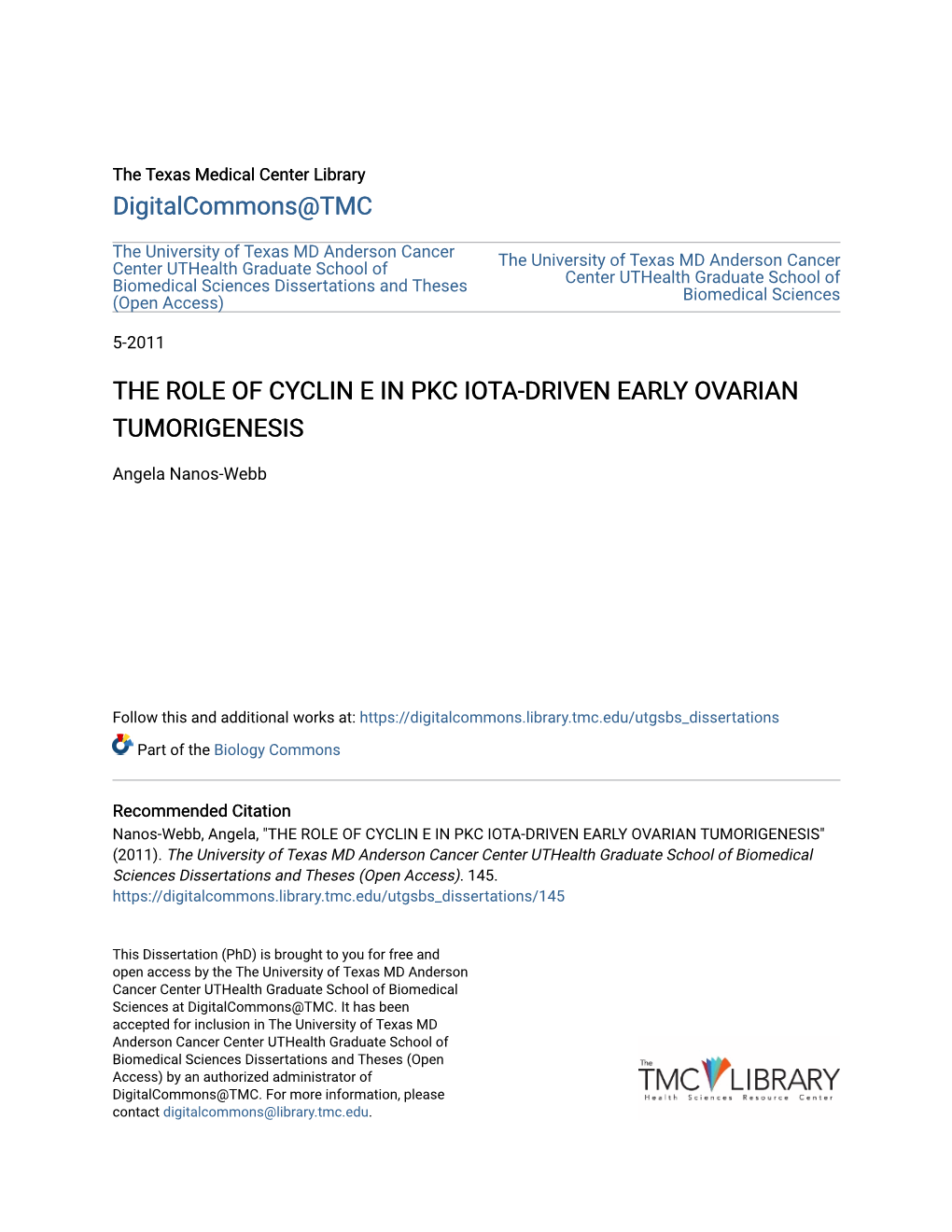 The Role of Cyclin E in Pkc Iota-Driven Early Ovarian Tumorigenesis