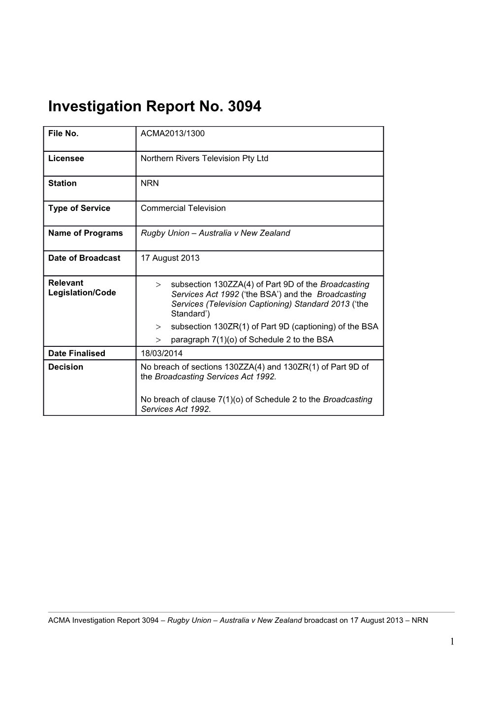 Northern Rivers (NRN) TV Investigation Report 3094