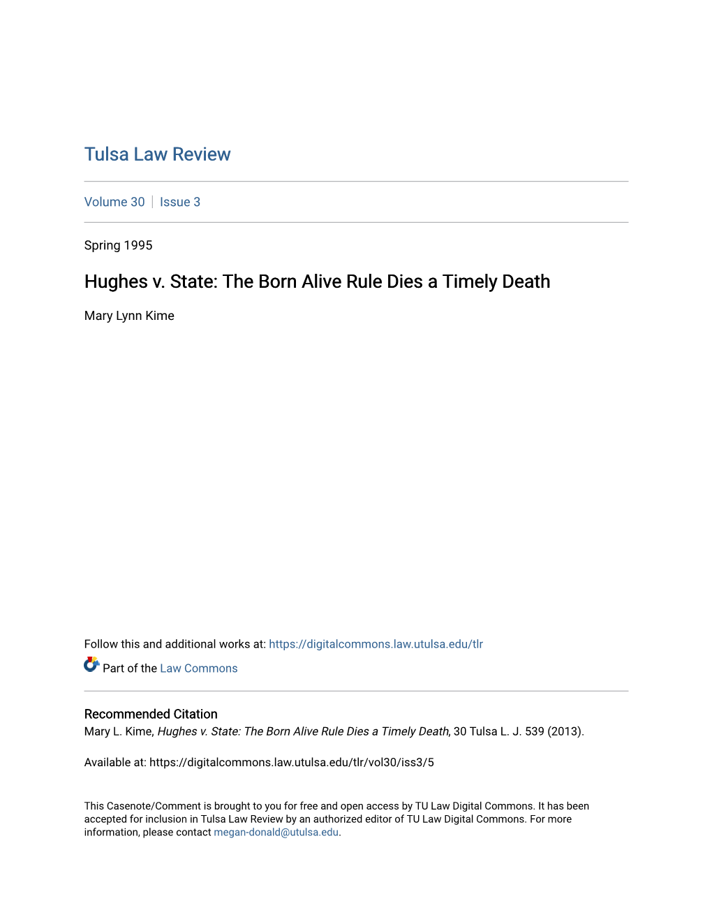Hughes V. State: the Born Alive Rule Dies a Timely Death