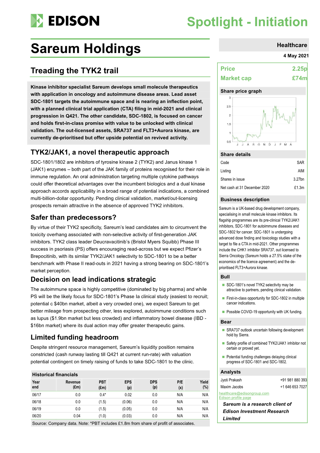 Sareum Holdings Healthcare 4 May 2021