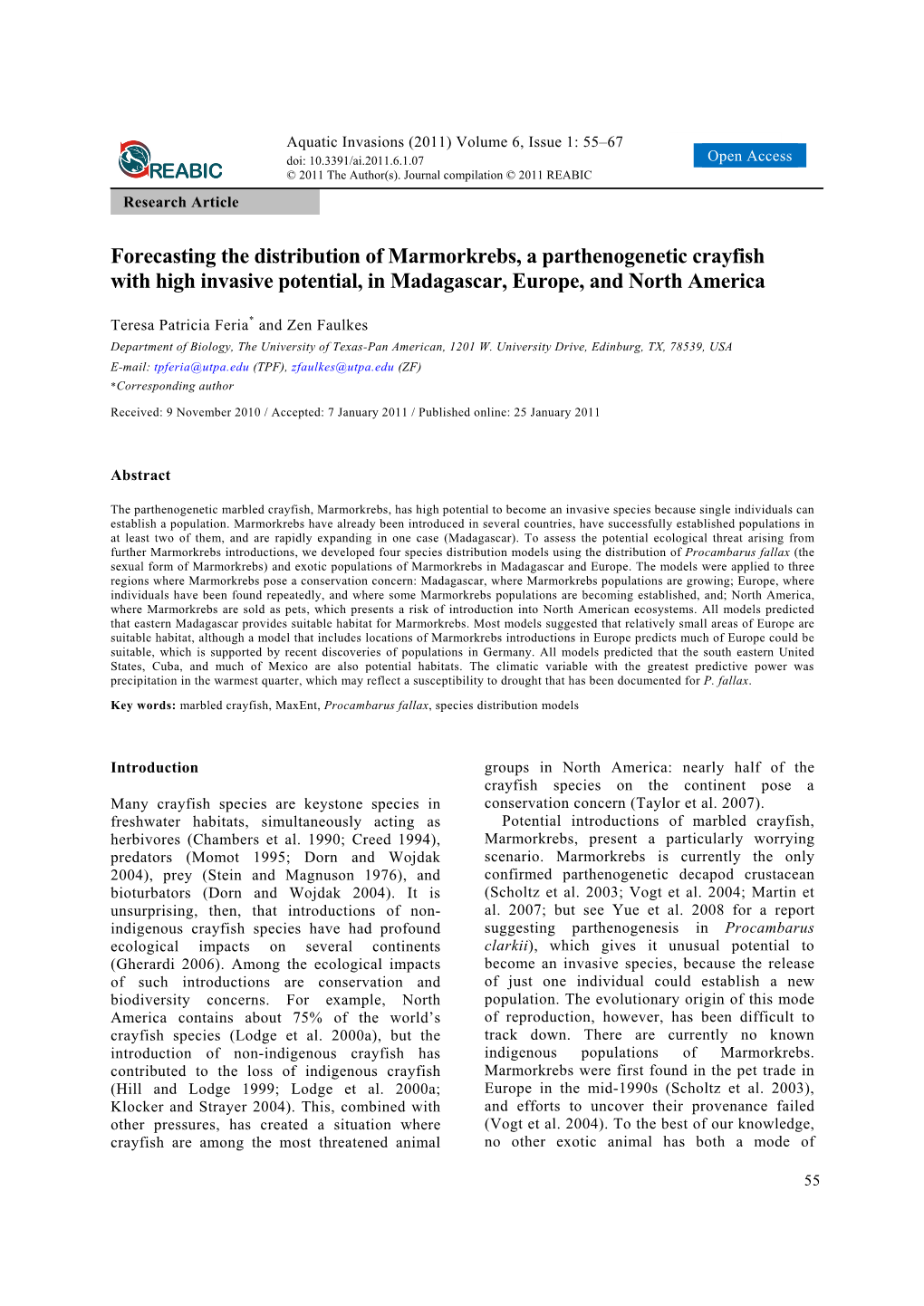 Forecasting the Distribution of Marmorkrebs, a Parthenogenetic Crayfish with High Invasive Potential, in Madagascar, Europe, and North America