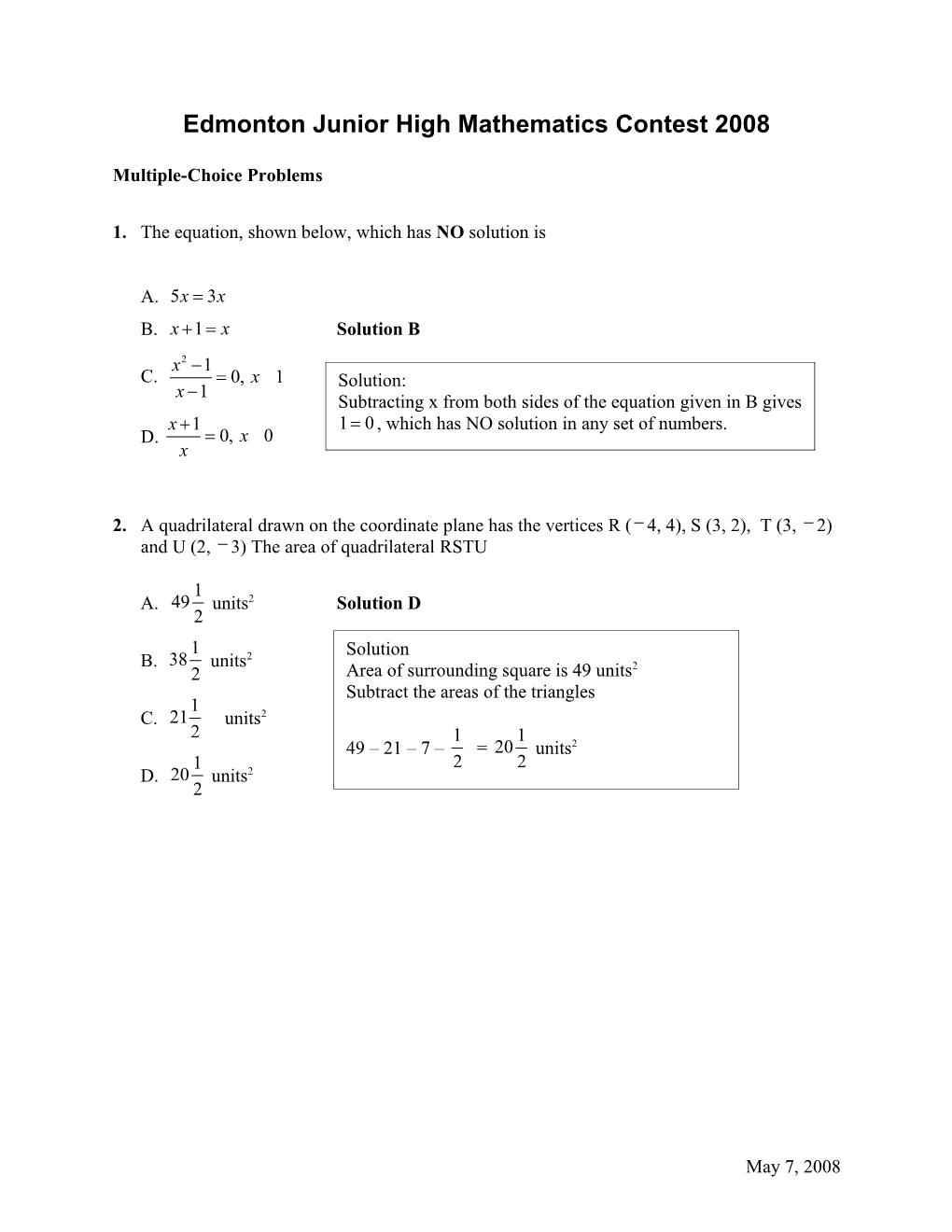 Edmonton Junior High Mathematics Contest 2008