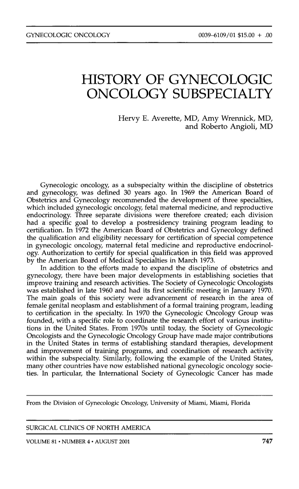 History of Gynecologic Oncology Subspecialty