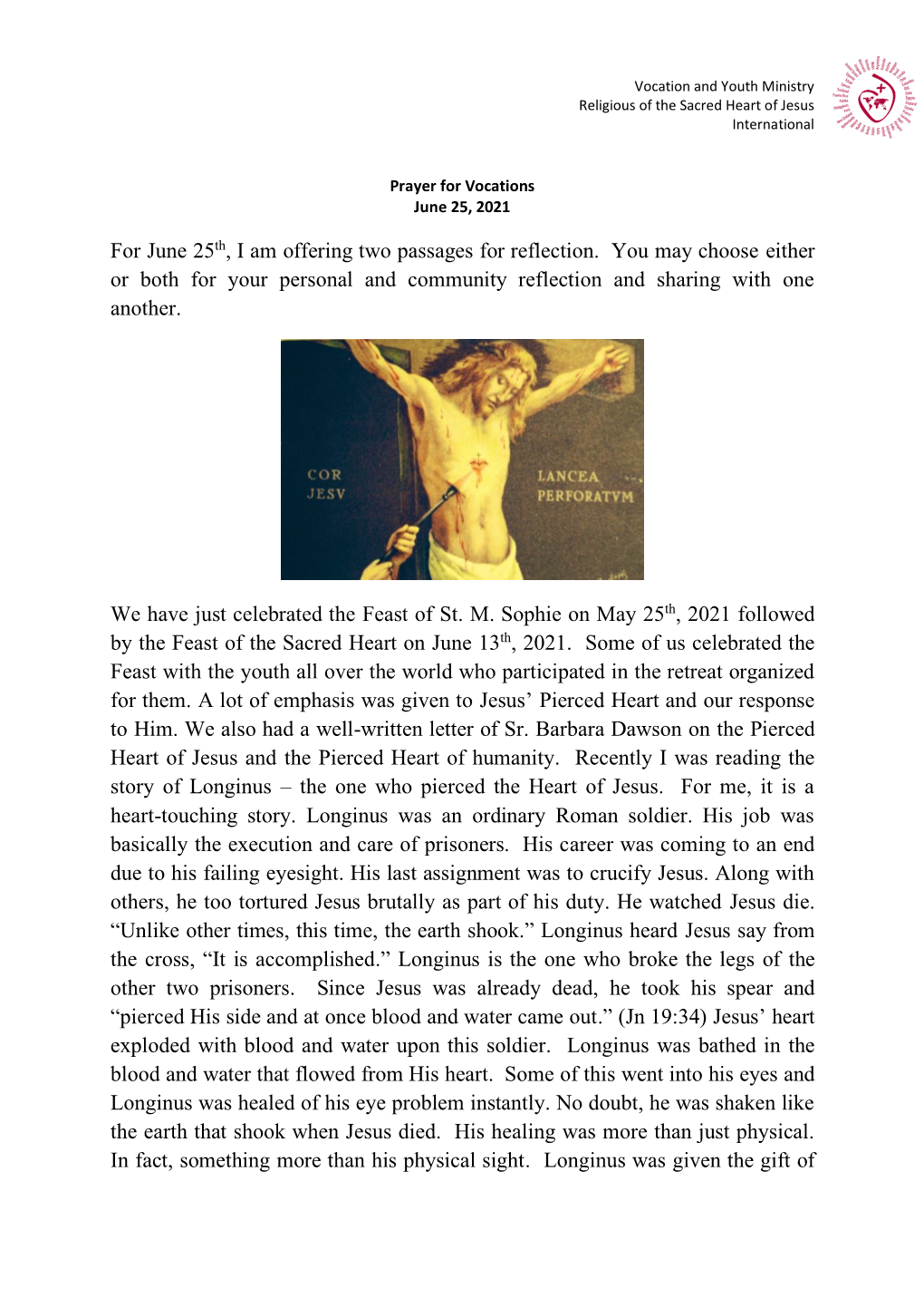 Prayer for Vocations June 25, 2021