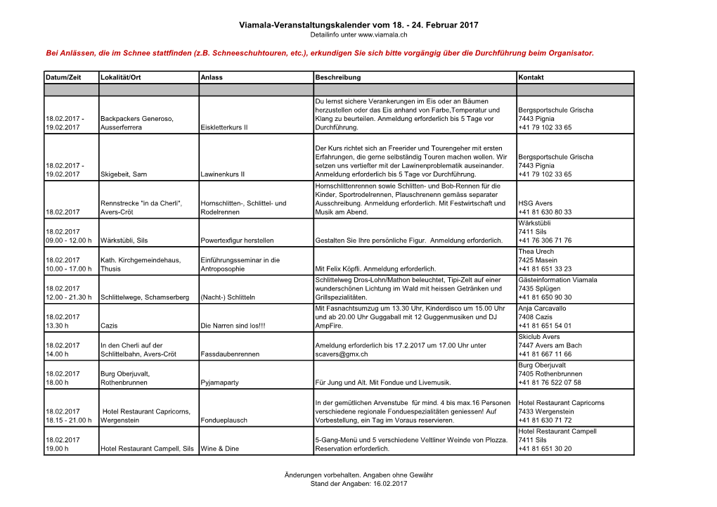 Viamala-Veranstaltungskalender Vom 18