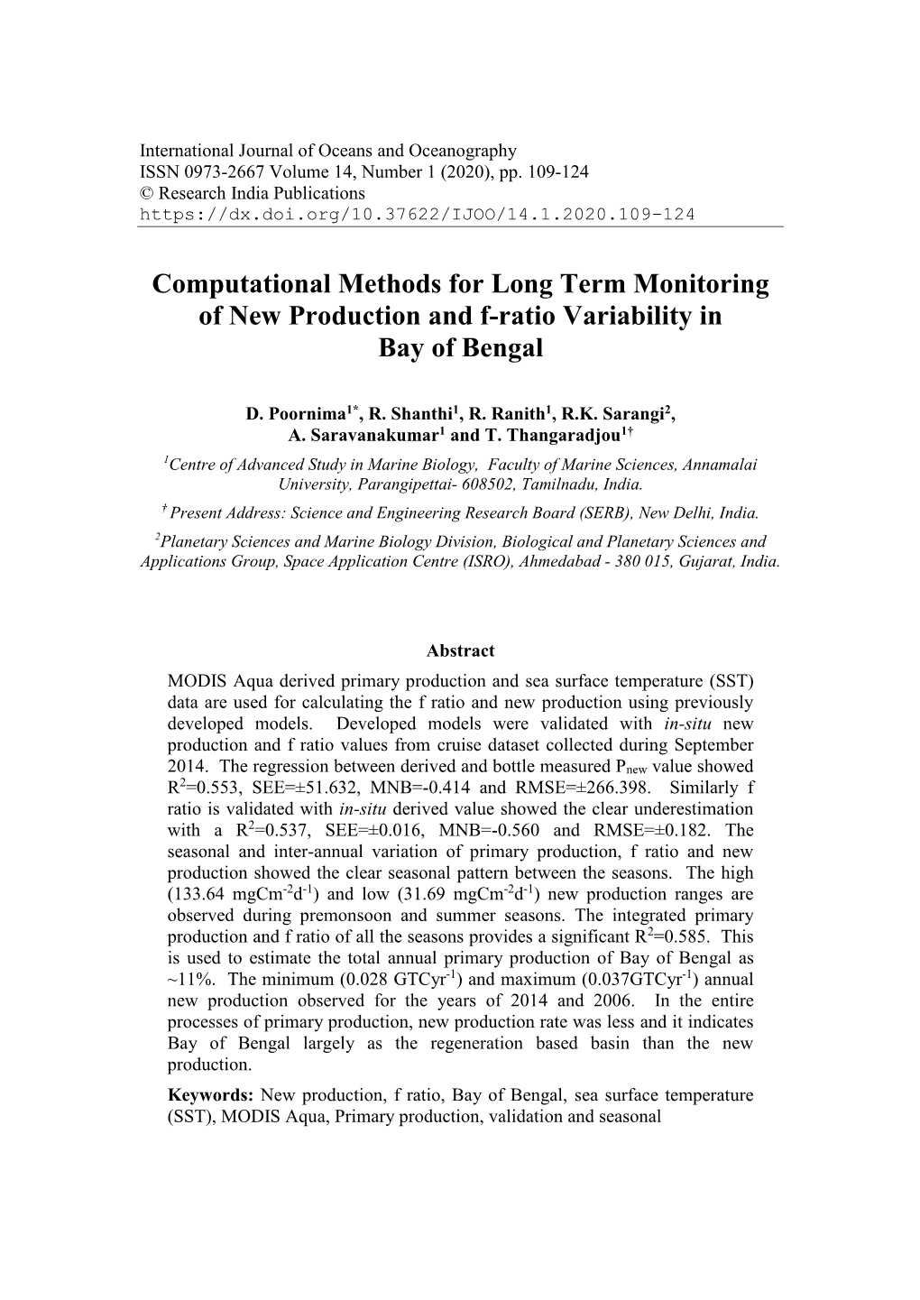 Computational Methods for Long Term Monitoring of New Production and F-Ratio Variability in Bay of Bengal