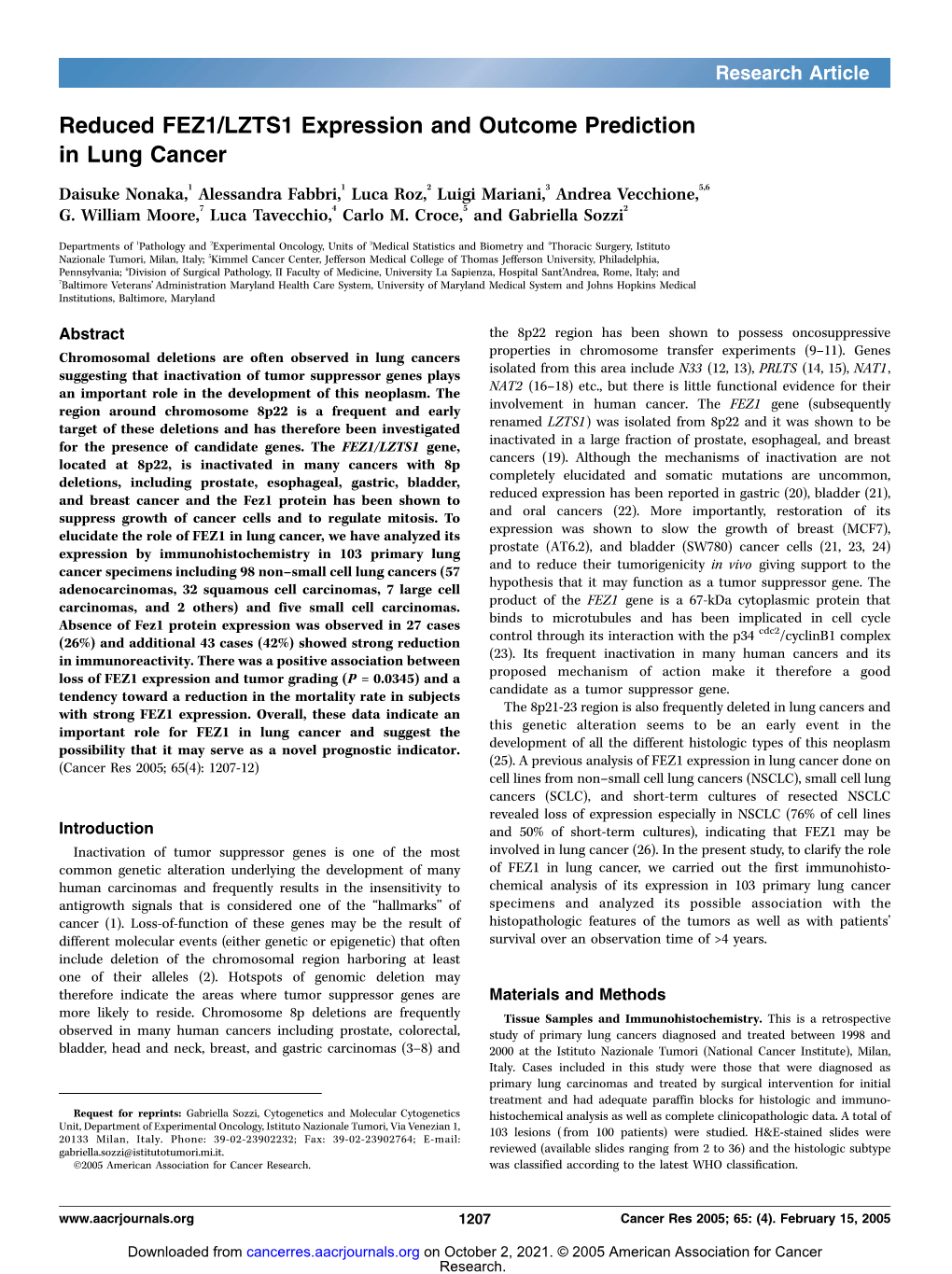 Reduced FEZ1/LZTS1 Expression and Outcome Prediction in Lung Cancer