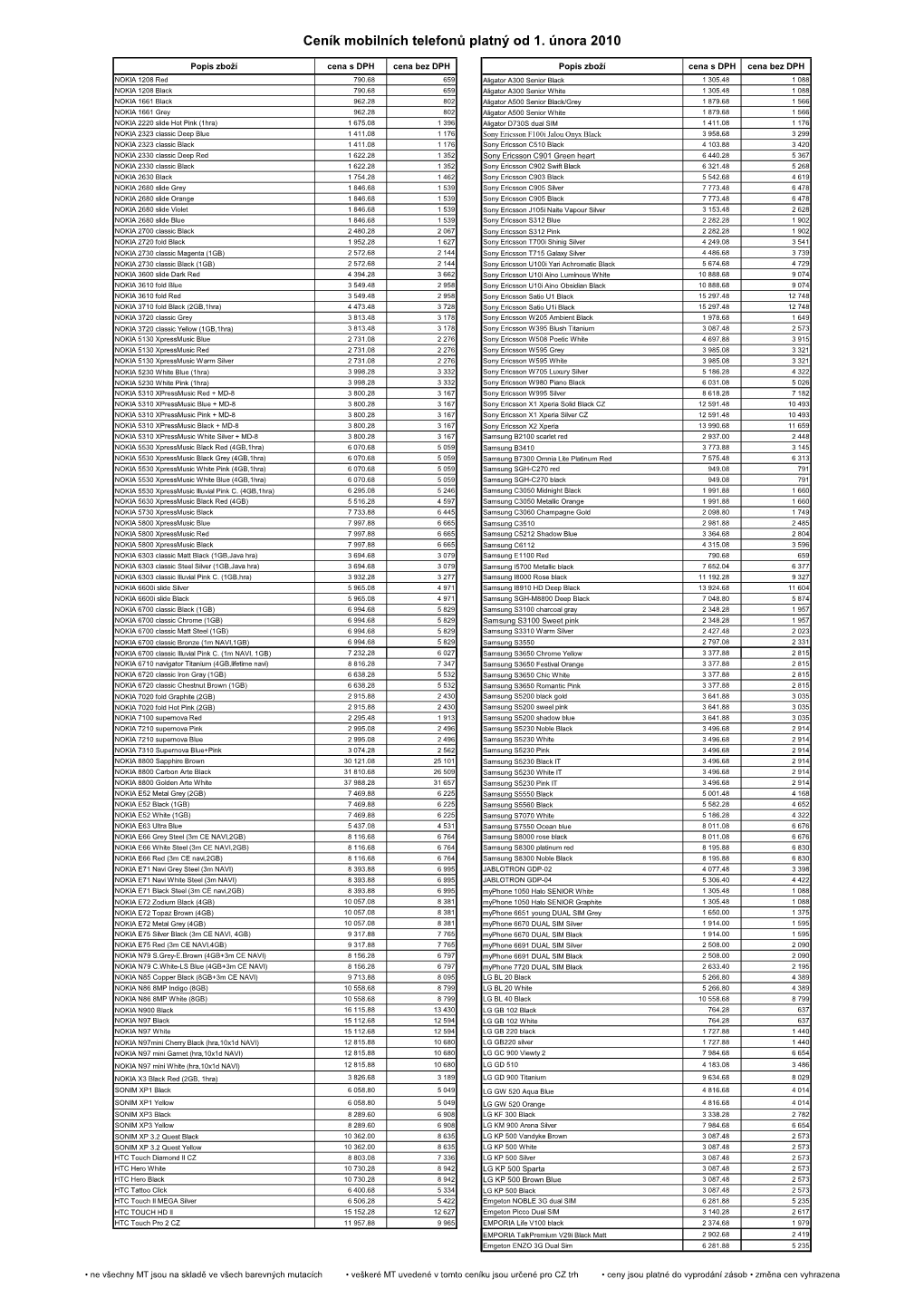 Ceník Mobilních Telefonů Platný Od 1. Února 2010