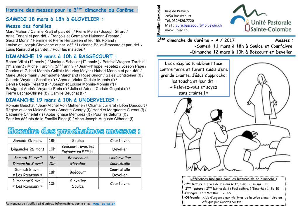 Horaire Des Messes Pour Le 3Ème Dimanche Du Carême : SAMEDI 18 Mars À 18H À GLOVELIER