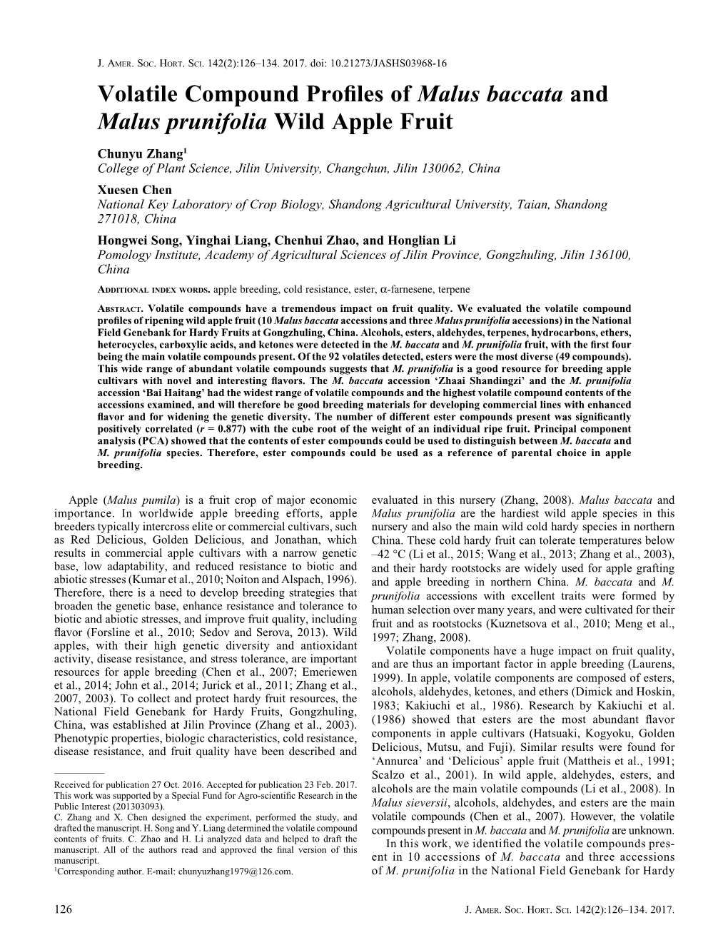 Volatile Compound Profiles of Malus Baccata and Malus Prunifolia Wild