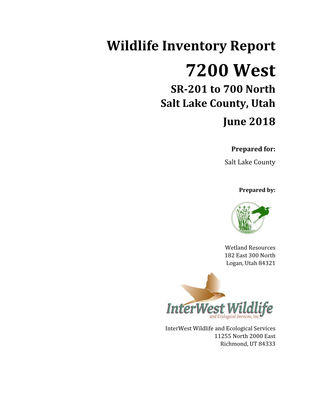 7200 West SR‐201 to 700 North Salt Lake County, Utah June 2018