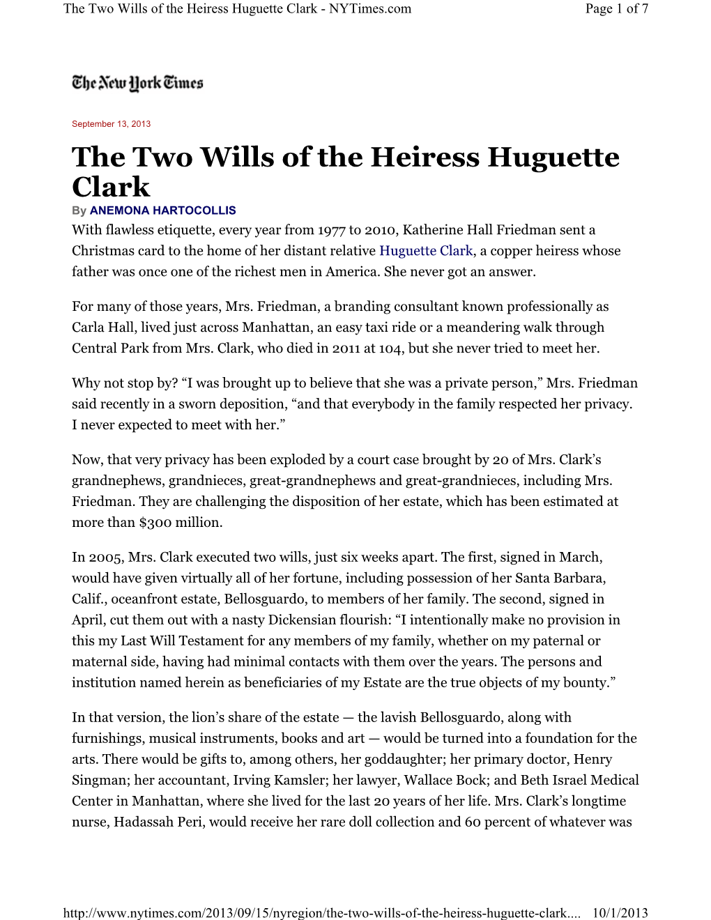 The Two Wills of the Heiress Huguette Clark - Nytimes.Com Page 1 of 7