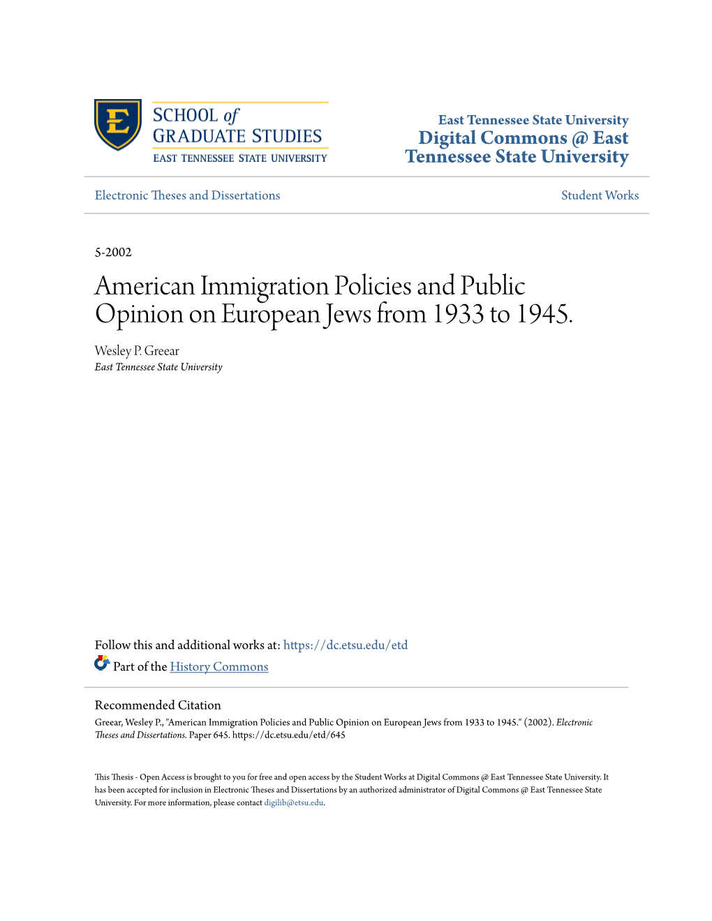 American Immigration Policies and Public Opinion on European Jews from 1933 to 1945