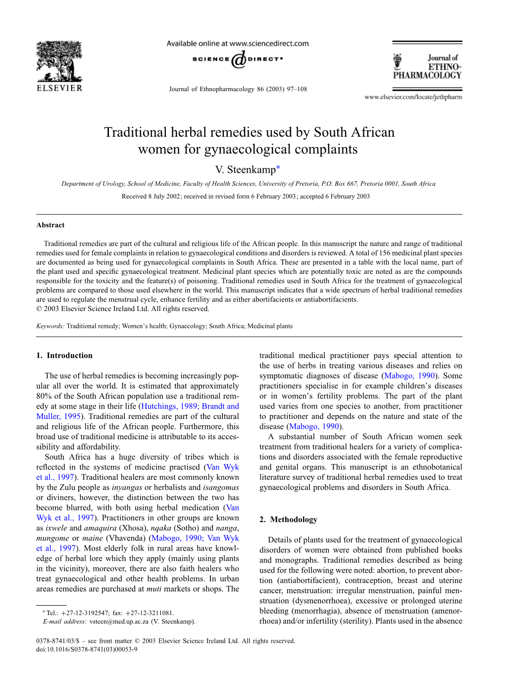 Traditional Herbal Remedies Used by South African Women for Gynaecological Complaints V