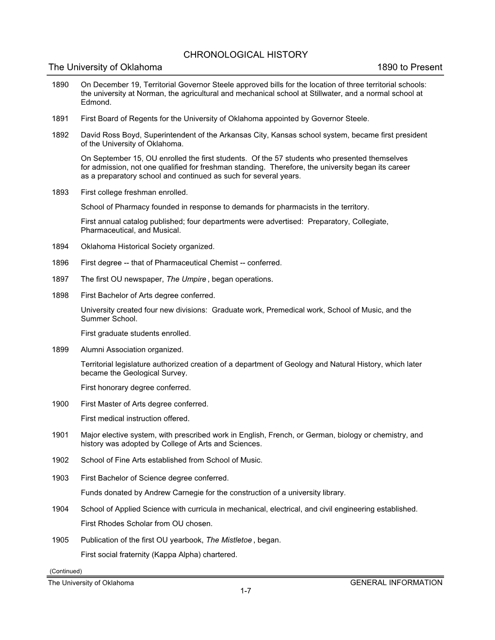 CHRONOLOGICAL HISTORY the University of Oklahoma 1890 to Present