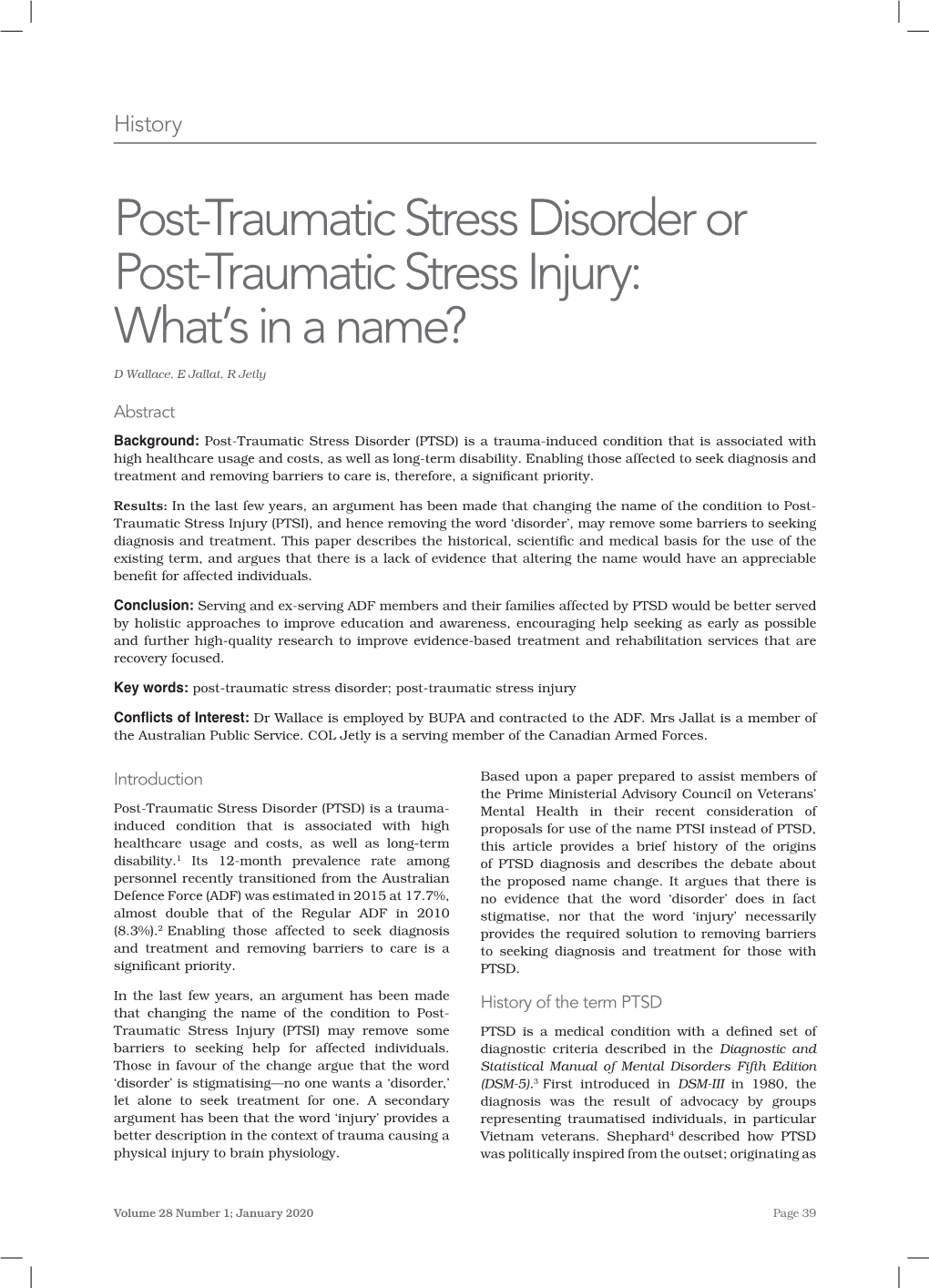 Post-Traumatic Stress Disorder Or Post-Traumatic Stress Injury: What’S in a Name?